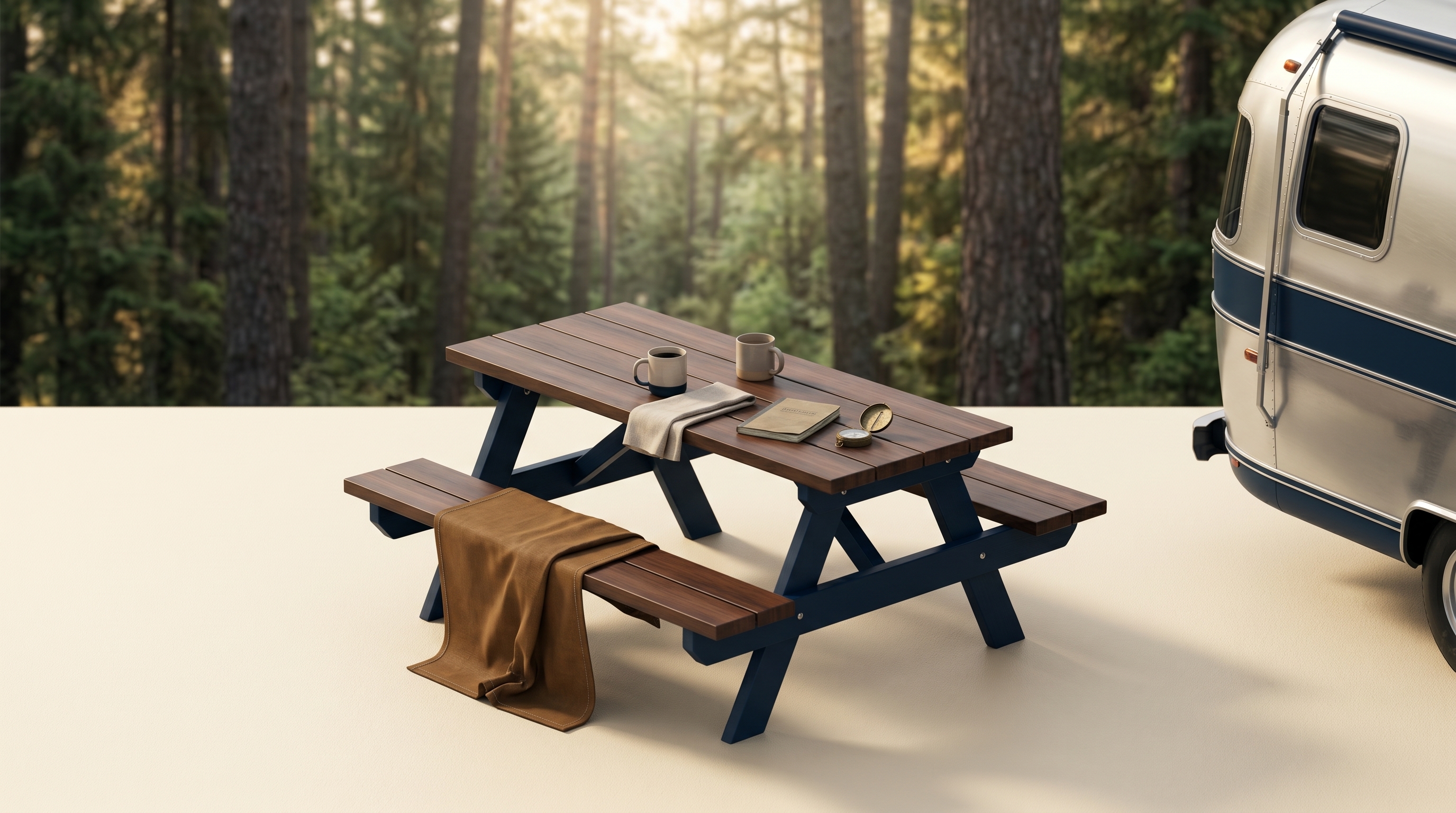 Editorial top-down still life of a quiet RV campground morning — picnic table and awning under a soft forest canopy on a warm cream surface, no people, no logos.